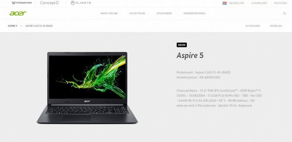 В ноутбуке Acer Aspire 5 замечен мобильный APU AMD Ryzen 5 5500U